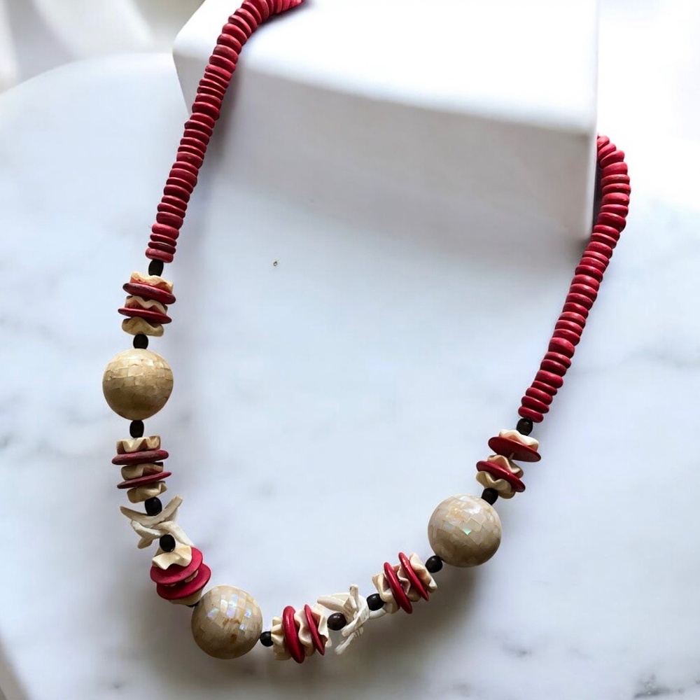 Vintage Tribal Style Mother of Pearl Bone Shell Wood Beaded Statement Necklace